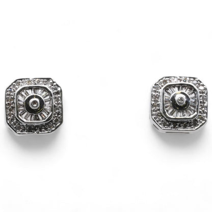 10K White Gold Round And Baguette Diamond Stud Earrings
