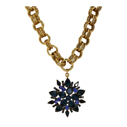 Gold Tone Interlocking Chain With Blue Stone Pendant Necklace