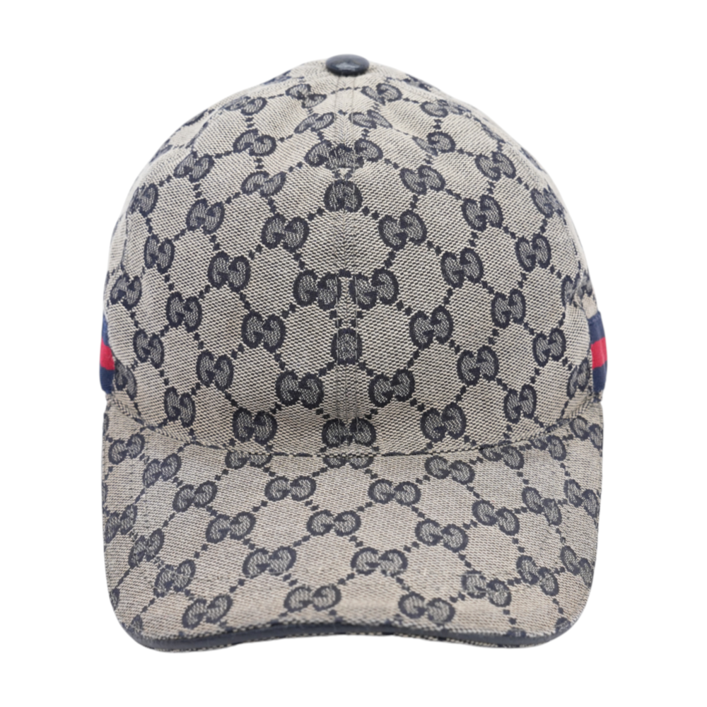 GG Canvas Baseball Hat with Web in Beige Blue