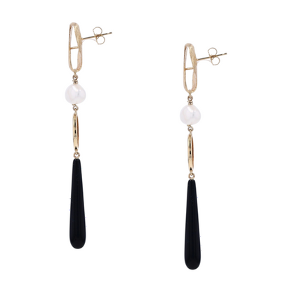 14K Yellow Gold Onyx Drop Earrings