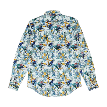 White Tropical Long Sleeve Button Down