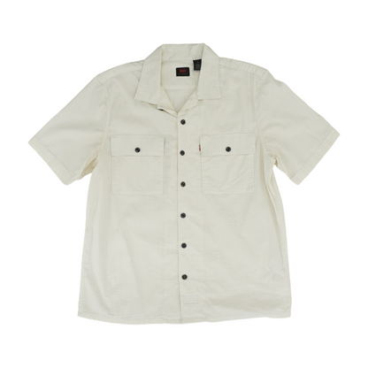 Beige Striped Short Sleeve Button Down