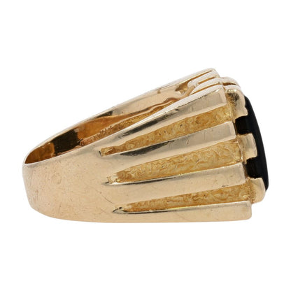 14K Gold Rectangle Black Stone Grooved Signet Ring