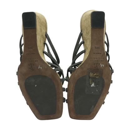 Black Bead-Embellished Suede Caged Wedge Sandals