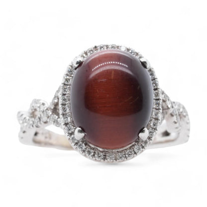 18K White Gold Red Cats Eye With Diamond Accents Ring