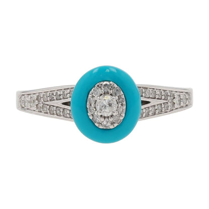 1/4 Ct 14K White Gold Diamond Cluster With Turquoise Enamel Halo Engagement Ring