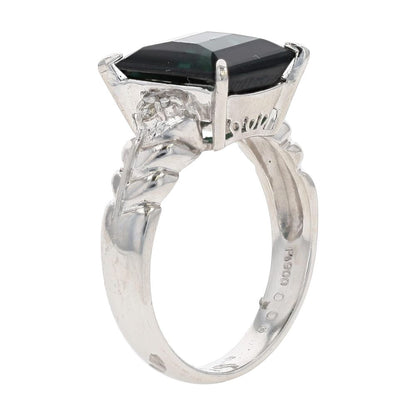 3.60 Ct Platinum Pixel Cut Green Tourmaline With Diamond Accents Cocktail Ring