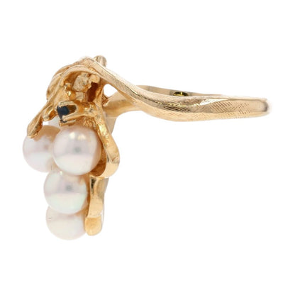 14K Gold Cultured Pearl With Sapphire Accent Vintage Style Grape Cocktail Ring