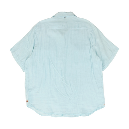 Blue Solid Short Sleeve Button Down