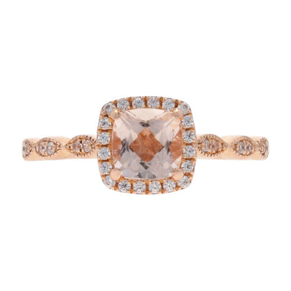 14K Rose Gold Square Pink Morganite With Round Diamond Halo Engagement Ring