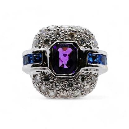 18K White Gold Amethyst Ring With Pave Diamond Halo And Blue Sapphire Accents