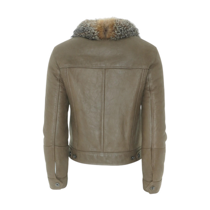 Brown Embellished Pocket Fox Fur Collar Shearling-Lined Trucker Jacket