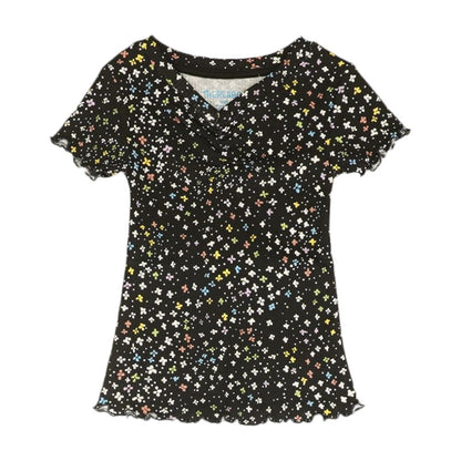 Black Floral V Neck Knit Top