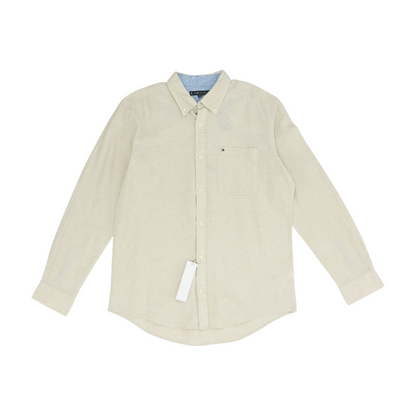 Beige Solid Long Sleeve Button Down
