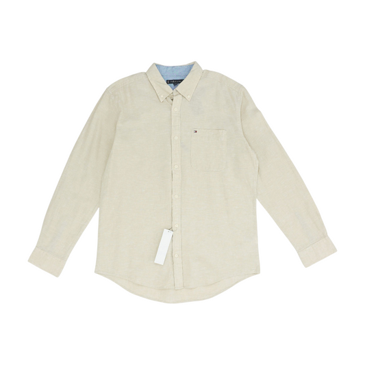 Beige Solid Long Sleeve Button Down