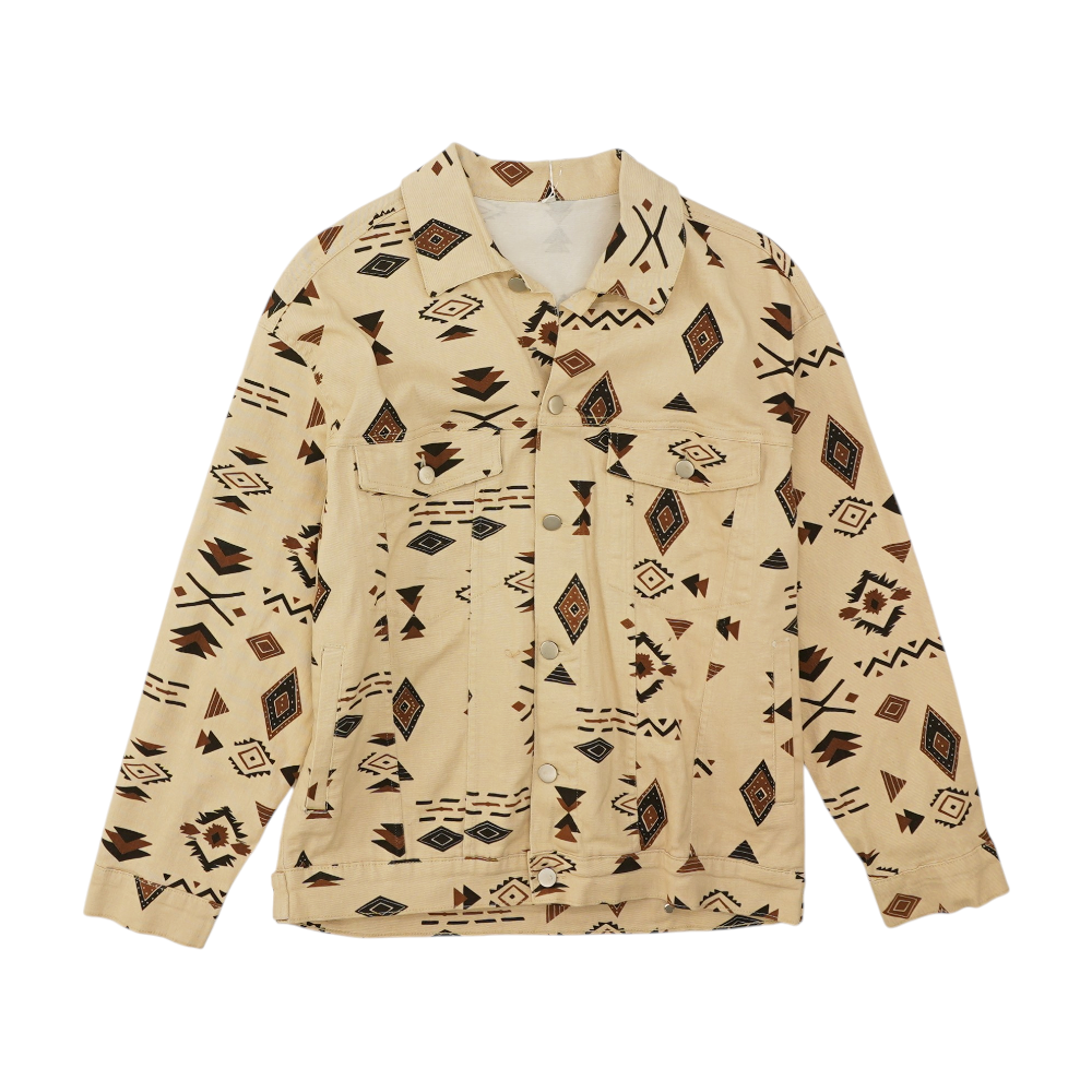 Beige Print Long Sleeve Button Down