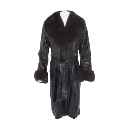 Black Shearling Collar Belted Leather Coat