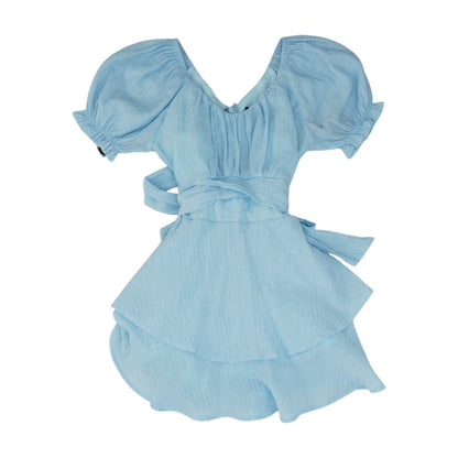 Blue Solid Short Sleeve Blouse