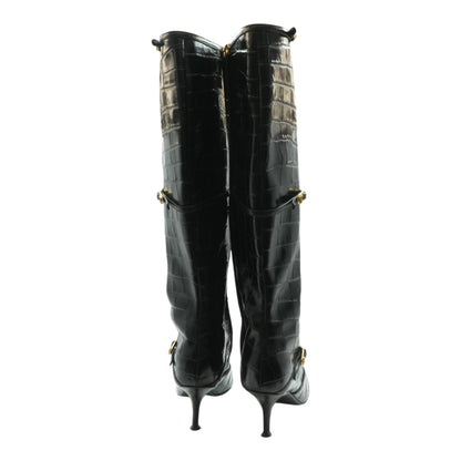 Black Pointed Lace-Up Boots with Crocodile Effect