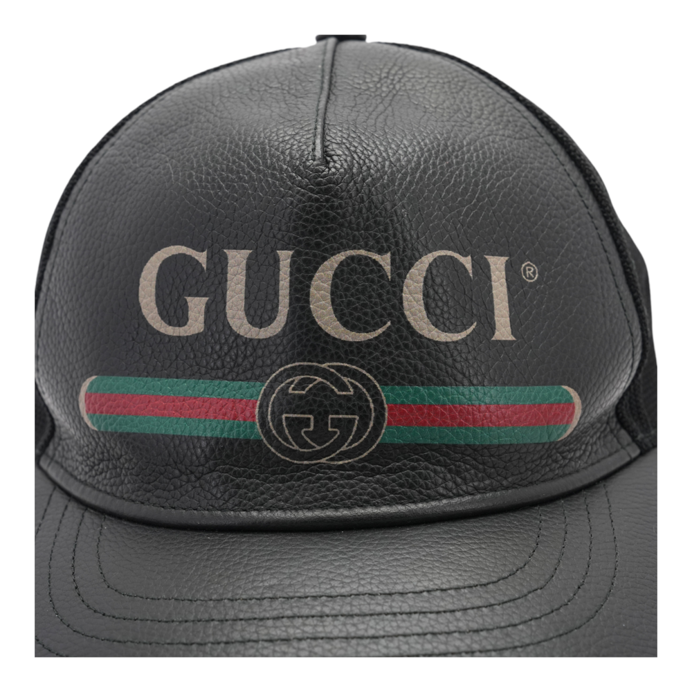 Black Leather Vintage Logo Web Stripe Baseball Cap