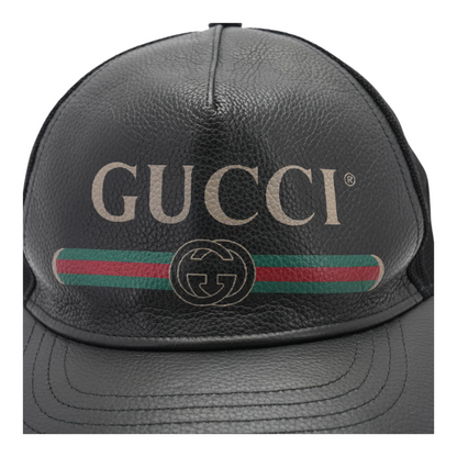 Black Leather Vintage Logo Web Stripe Baseball Cap