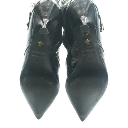 Black Pointed Lace-Up Boots with Crocodile Effect