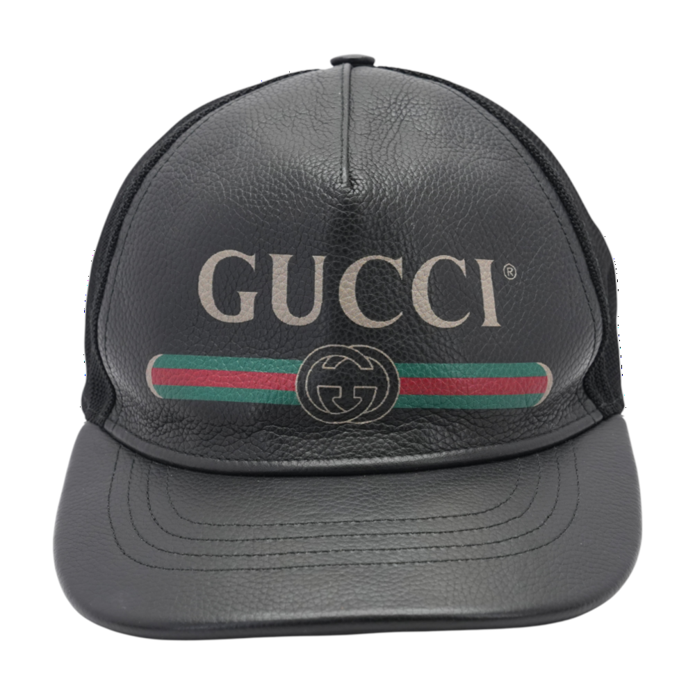 Black Leather Vintage Logo Web Stripe Baseball Cap
