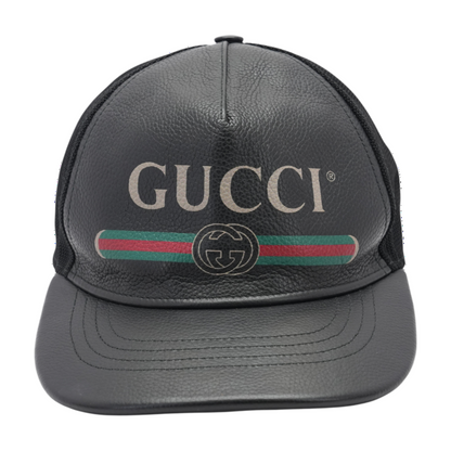 Black Leather Vintage Logo Web Stripe Baseball Cap
