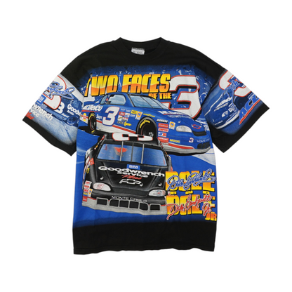 Vintage Black Nascar Dale Earnhardt 'Two Faces of The 3' All Over Print Graphic T-Shirt