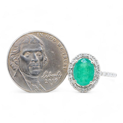14K White Gold Oval Emerald With Diamond Halo Ring