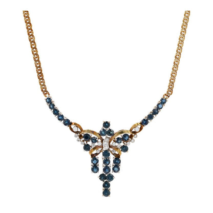 14K Two Tone Gold Blue Stone And Diamond Stationed Bow Necklace