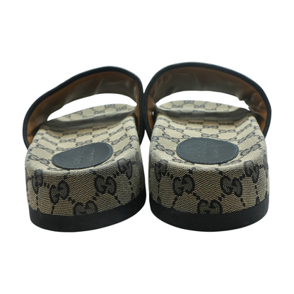 Beige and Blue GG Supreme Canvas Slide Sandals