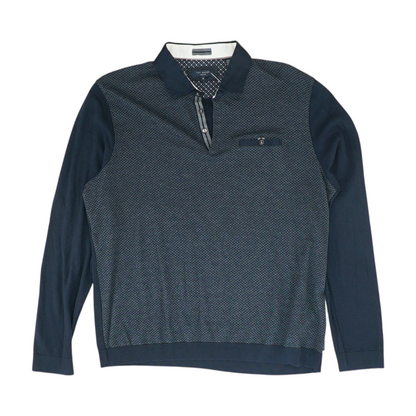 Navy Geometric Long Sleeve Polo
