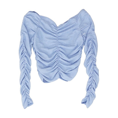 Blue Solid Long Sleeve Blouse