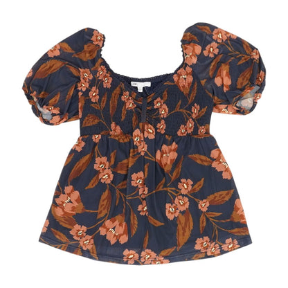Blue Floral V Neck Knit Top
