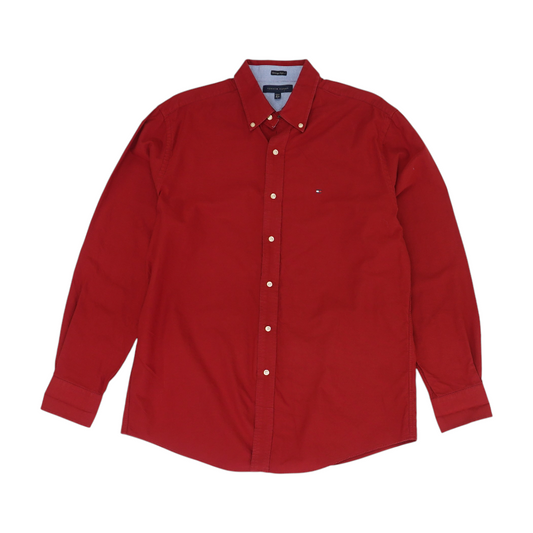Red Solid Long Sleeve Button Down