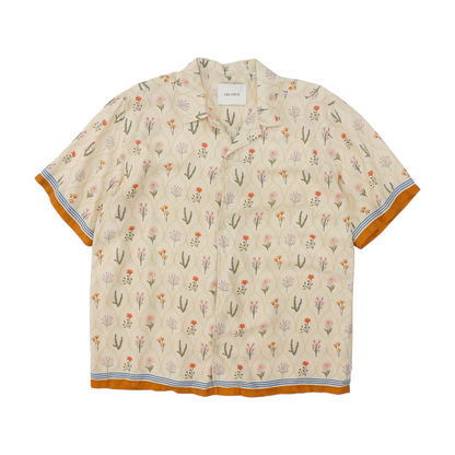 Beige Floral Short Sleeve Button Down