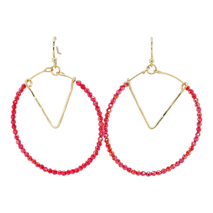 Gold Tone Red Beaded Hoop Earrings