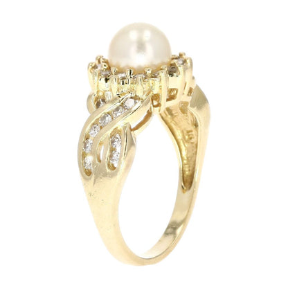 14K Gold Cultured Pearl With Round Diamond Halo And Shank Cocktail Ring