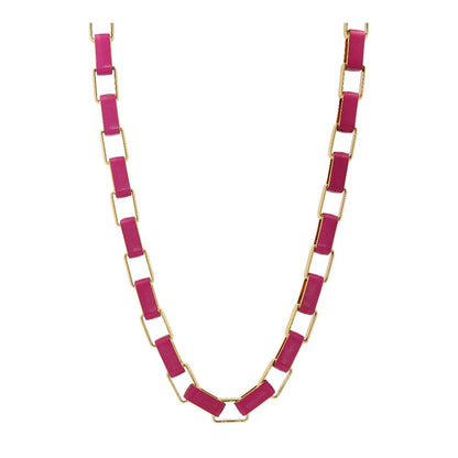 Gold Tone And Pink Leather Link Collar Necklace