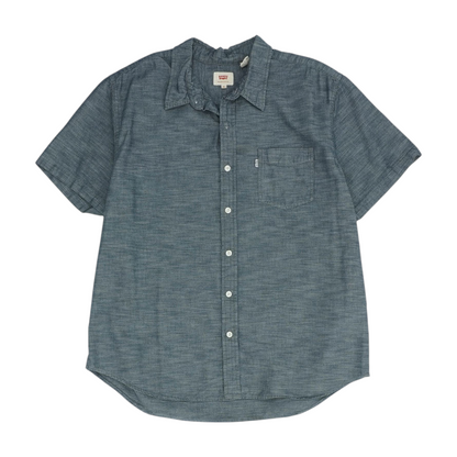 Blue Solid Short Sleeve Button Down