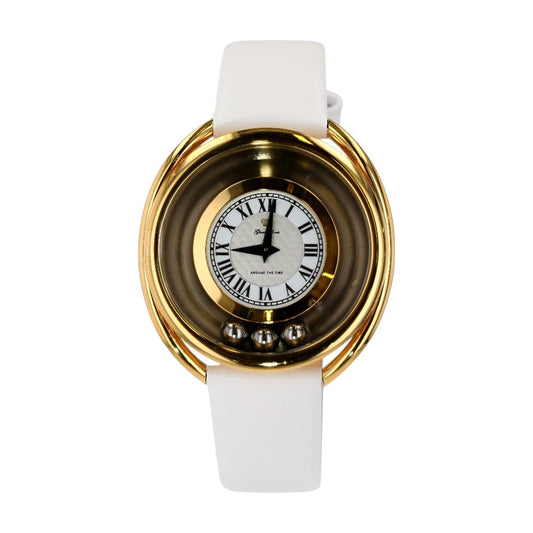Gold-Tone Around The Time Stainless Steel Watch W/ White Leather Band