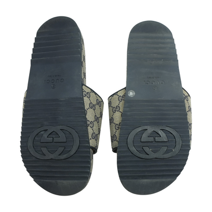 Beige and Blue GG Supreme Canvas Slide Sandals