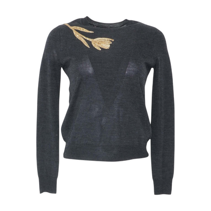 Gray Tulip-Embroidered Merino-Silk Sweater