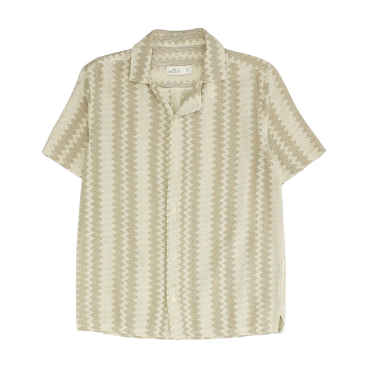 Beige Striped Short Sleeve Button Down
