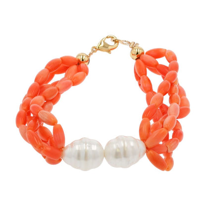 Five Strand Beaded Coral With Faux Pearls Bracelet