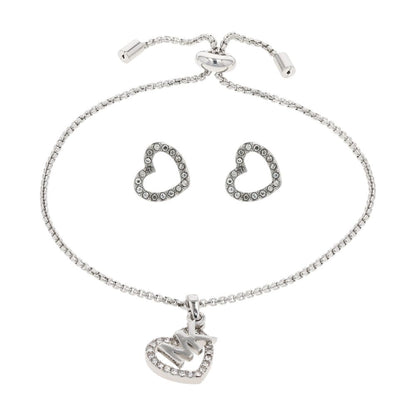 Silver Tone Heart Charm Slider Bracelet And Heart Stud Earrings Set