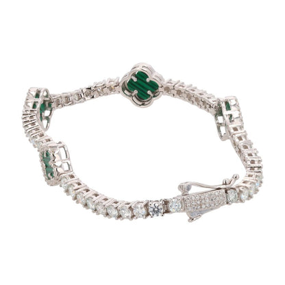 Sterling Silver Malachite Clover Stations With Moissanite Accent Link Bracelet