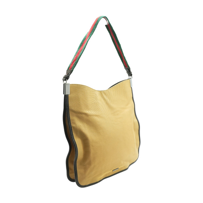 Biege Web Canvas & Leather Hobo Bag