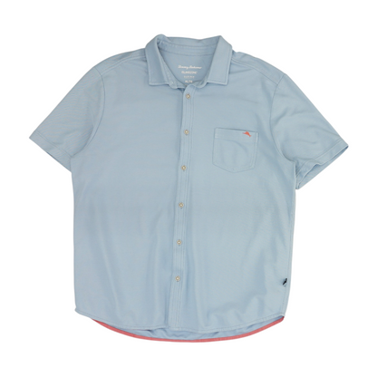 Blue Solid Short Sleeve Button Down